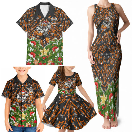 Personalised Wests Tigers Rugby Christmas Family Matching Tank Maxi Dress and Hawaiian Shirt Santa Rugby Mascot - Pine Wreath Festive