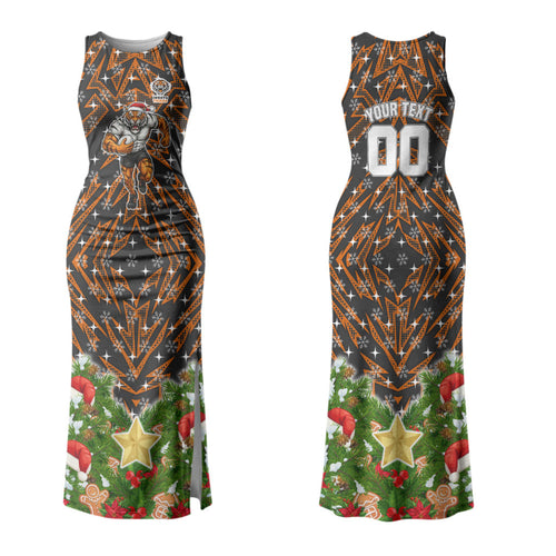 Personalised Wests Tigers Rugby Christmas Family Matching Tank Maxi Dress and Hawaiian Shirt Santa Rugby Mascot - Pine Wreath Festive