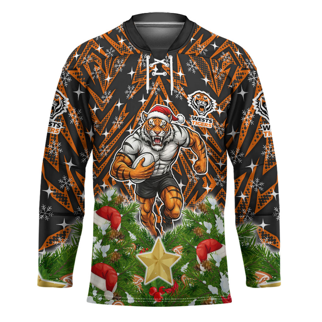 Personalised Wests Tigers Rugby Christmas Hockey Jersey Santa Rugby Mascot - Pine Wreath Festive