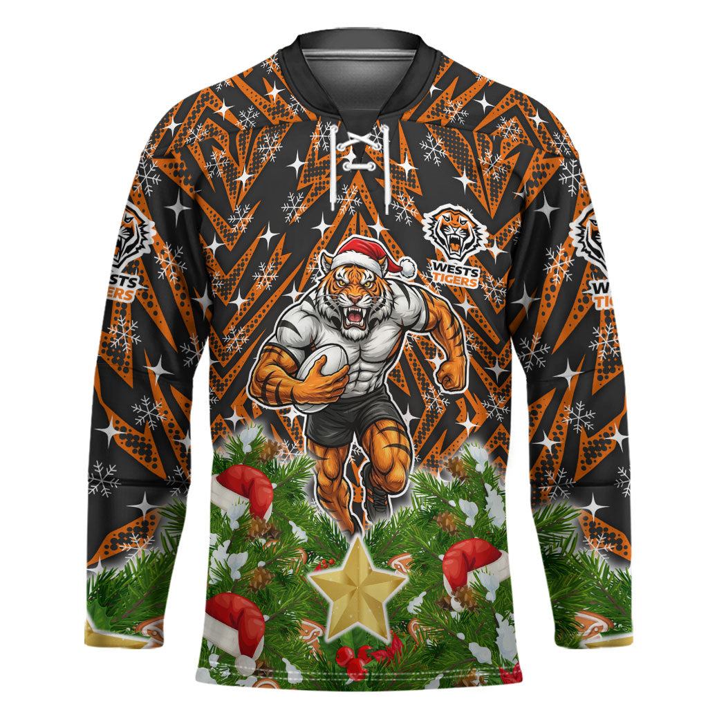 Personalised Wests Tigers Rugby Christmas Hockey Jersey Santa Rugby Mascot - Pine Wreath Festive