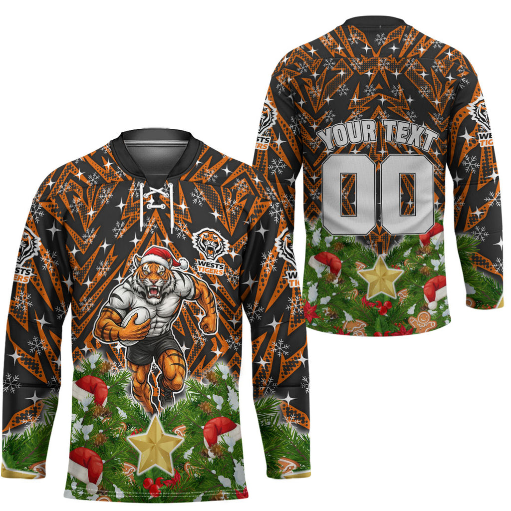 Personalised Wests Tigers Rugby Christmas Hockey Jersey Santa Rugby Mascot - Pine Wreath Festive