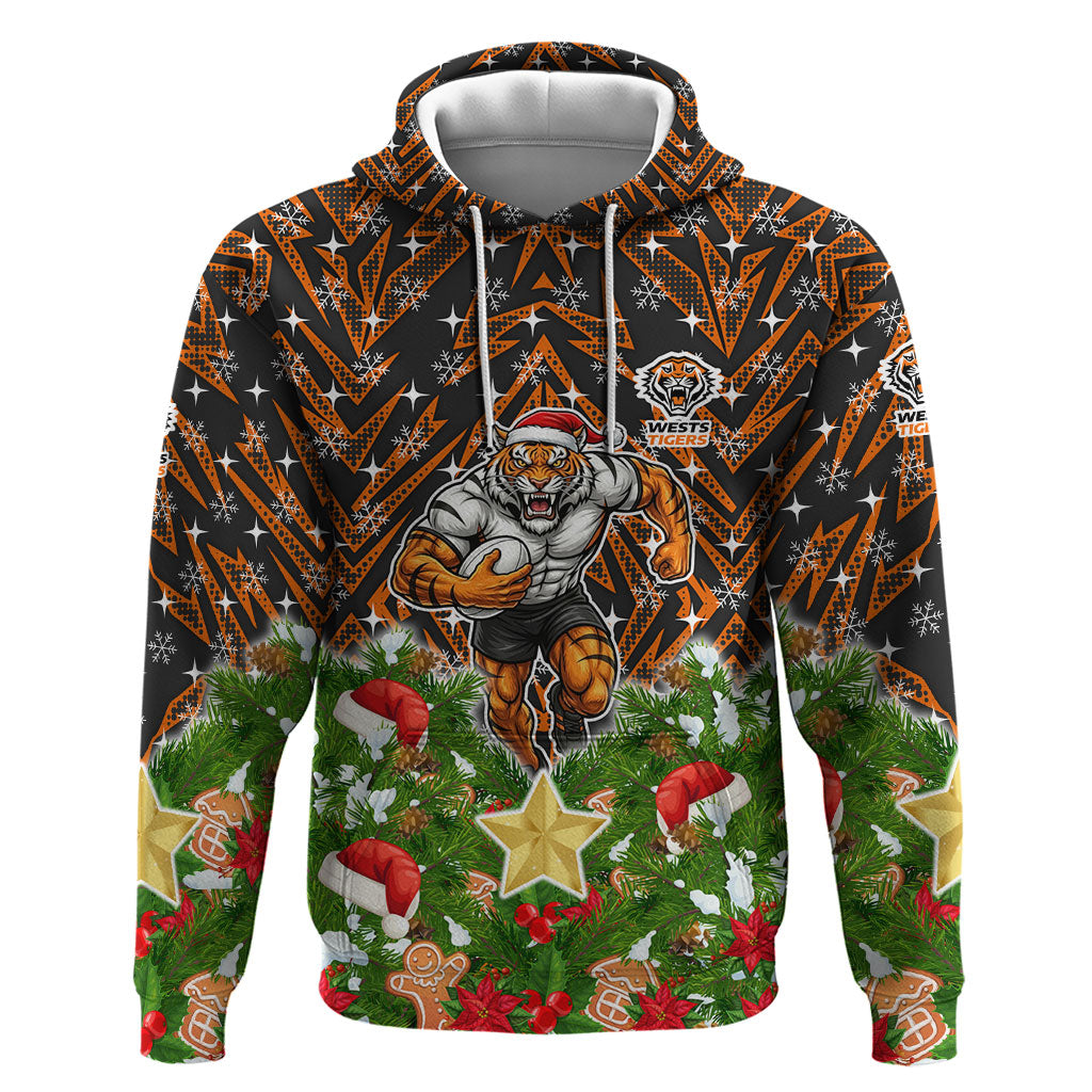 Personalised Wests Tigers Rugby Christmas Hoodie Santa Rugby Mascot - Pine Wreath Festive