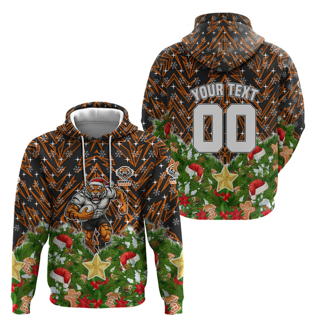 Personalised Wests Tigers Rugby Christmas Hoodie Santa Rugby Mascot - Pine Wreath Festive