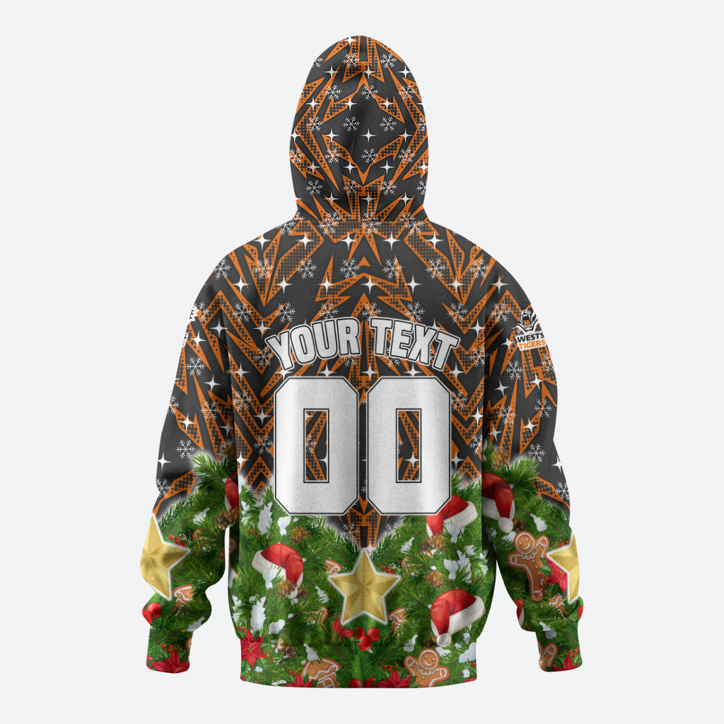 Personalised Wests Tigers Rugby Christmas Hoodie Santa Rugby Mascot - Pine Wreath Festive