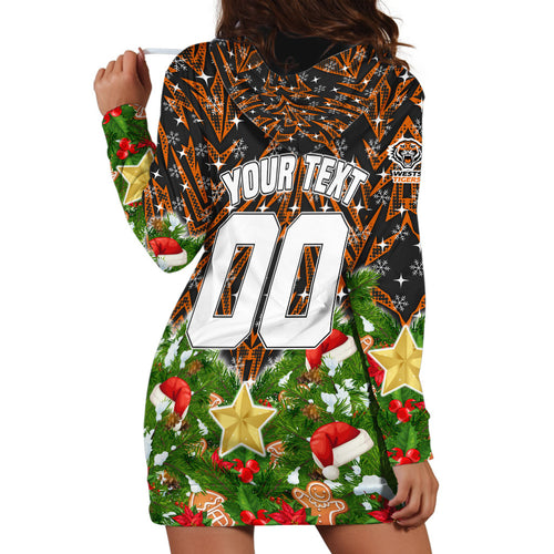 Personalised Wests Tigers Rugby Christmas Hoodie Dress Santa Rugby Mascot - Pine Wreath Festive