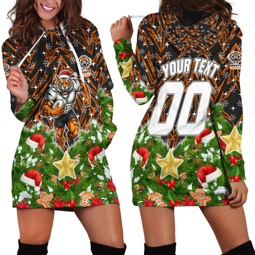 Personalised Wests Tigers Rugby Christmas Hoodie Dress Santa Rugby Mascot - Pine Wreath Festive