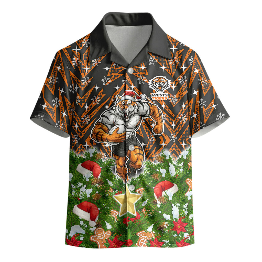 Personalised Wests Tigers Rugby Christmas Kid Hawaiian Shirt Santa Rugby Mascot - Pine Wreath Festive