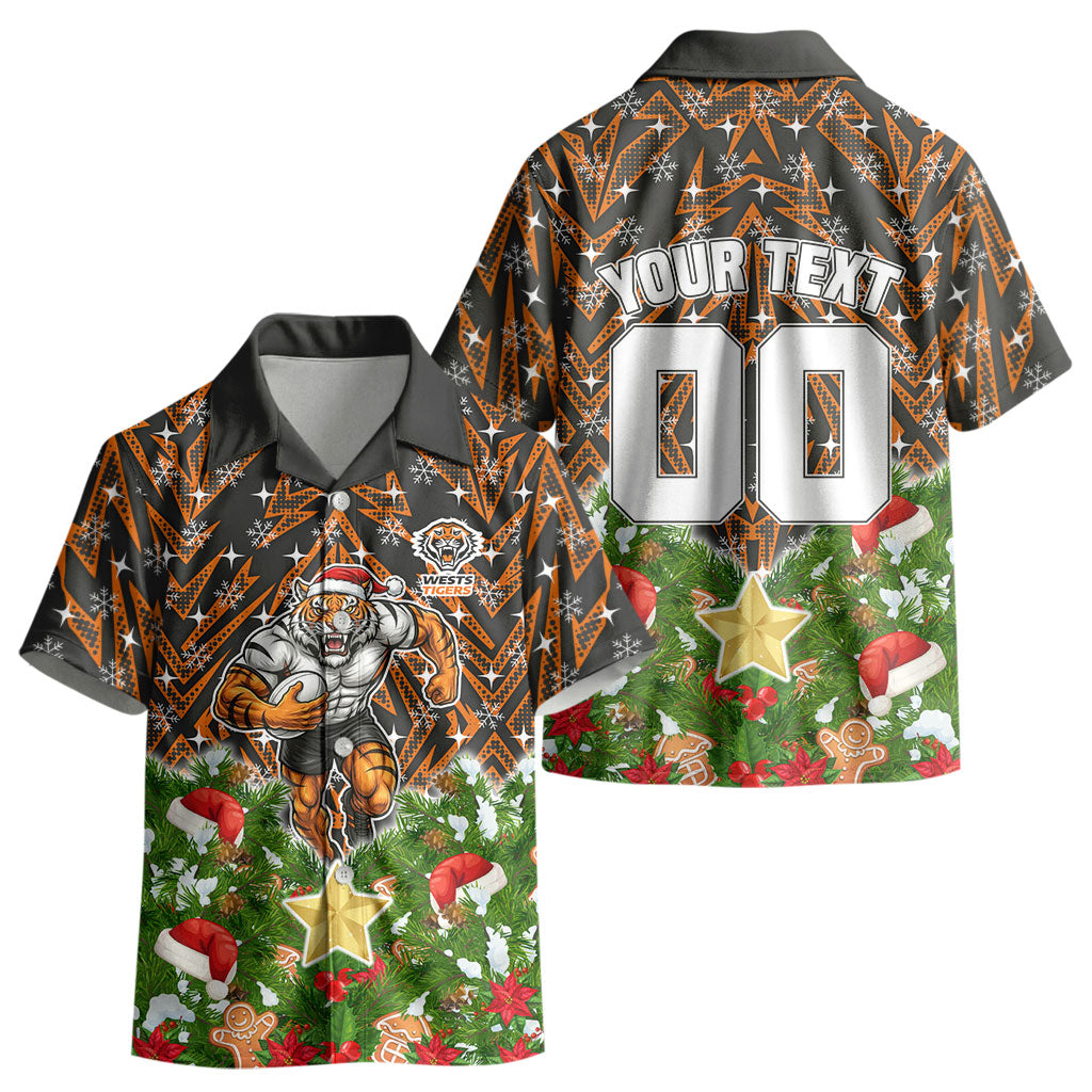 Personalised Wests Tigers Rugby Christmas Kid Hawaiian Shirt Santa Rugby Mascot - Pine Wreath Festive