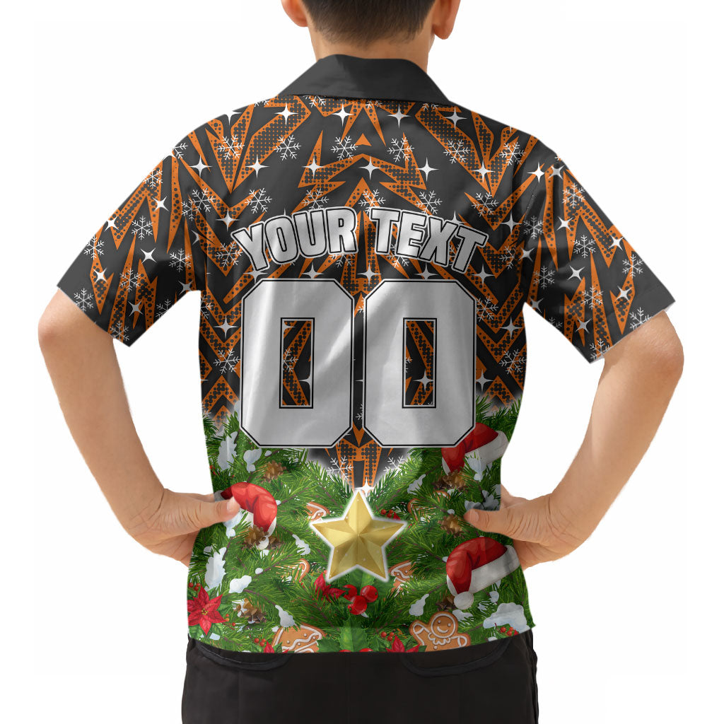 Personalised Wests Tigers Rugby Christmas Kid Hawaiian Shirt Santa Rugby Mascot - Pine Wreath Festive