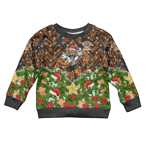 Personalised Wests Tigers Rugby Christmas Kid Ugly Christmas Sweater Santa Rugby Mascot - Pine Wreath Festive