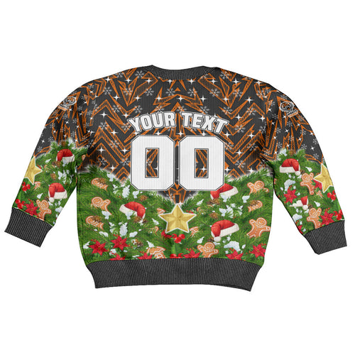Personalised Wests Tigers Rugby Christmas Kid Ugly Christmas Sweater Santa Rugby Mascot - Pine Wreath Festive