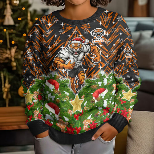 Personalised Wests Tigers Rugby Christmas Kid Ugly Christmas Sweater Santa Rugby Mascot - Pine Wreath Festive