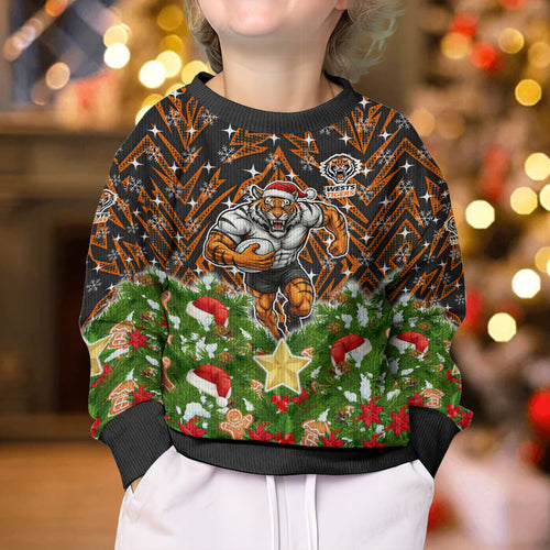 Personalised Wests Tigers Rugby Christmas Kid Ugly Christmas Sweater Santa Rugby Mascot - Pine Wreath Festive