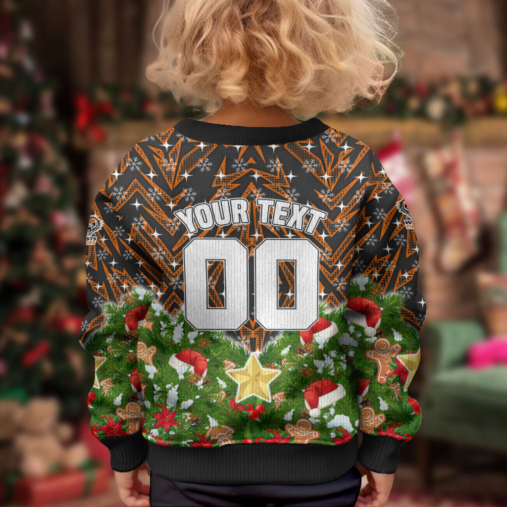 Personalised Wests Tigers Rugby Christmas Kid Ugly Christmas Sweater Santa Rugby Mascot - Pine Wreath Festive