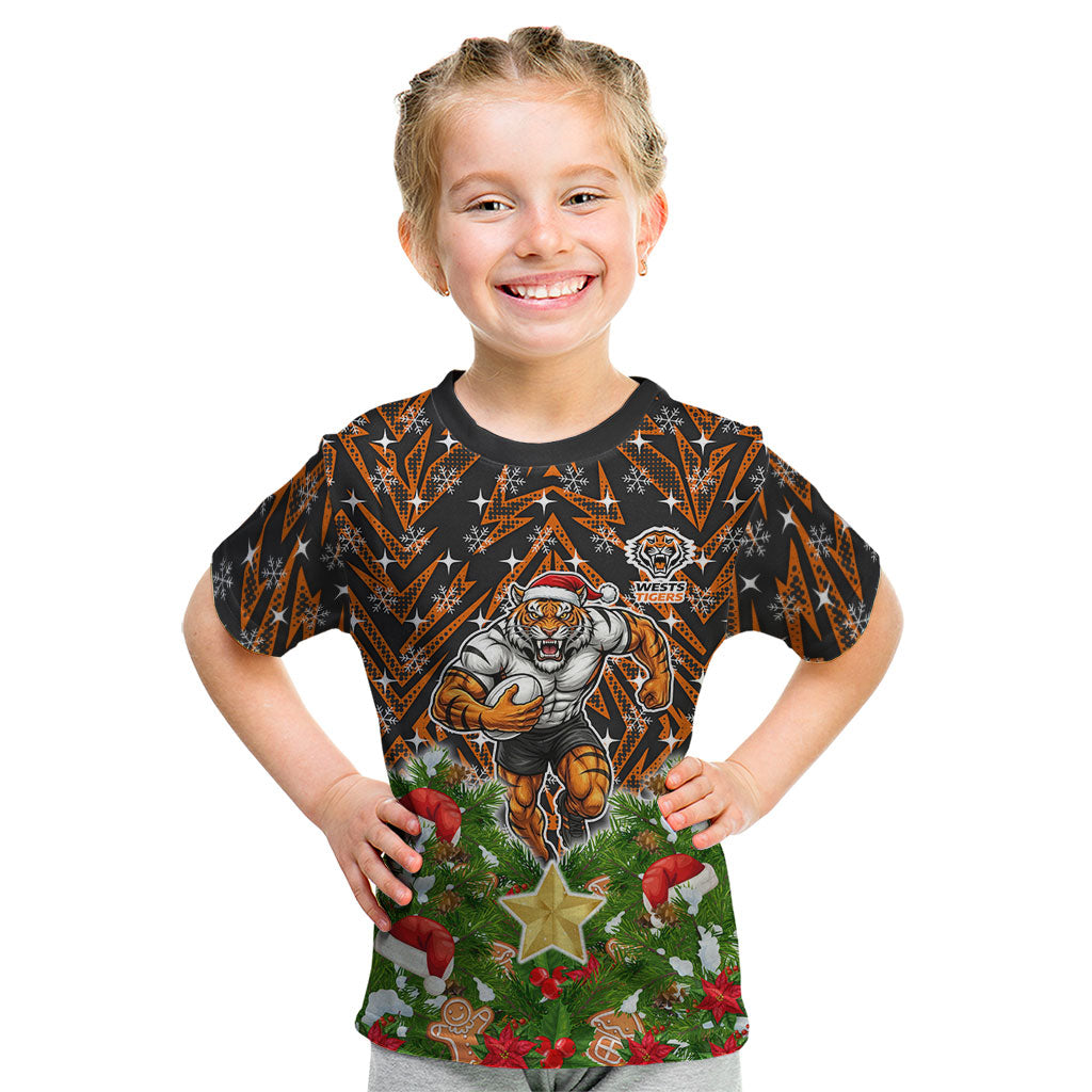 Personalised Wests Tigers Rugby Christmas Kid T Shirt Santa Rugby Mascot - Pine Wreath Festive
