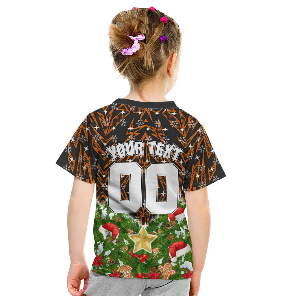 Personalised Wests Tigers Rugby Christmas Kid T Shirt Santa Rugby Mascot - Pine Wreath Festive