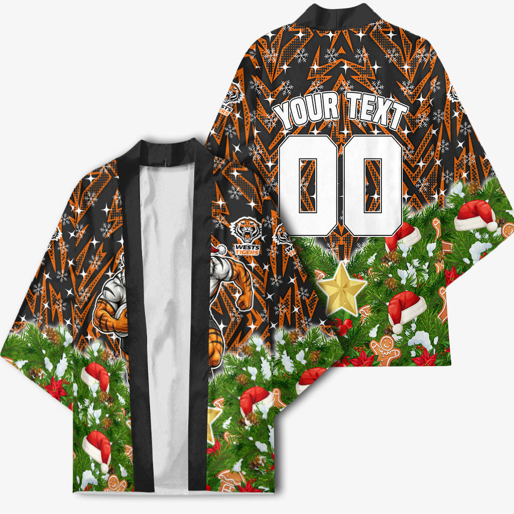 Personalised Wests Tigers Rugby Christmas Kimono Santa Rugby Mascot - Pine Wreath Festive