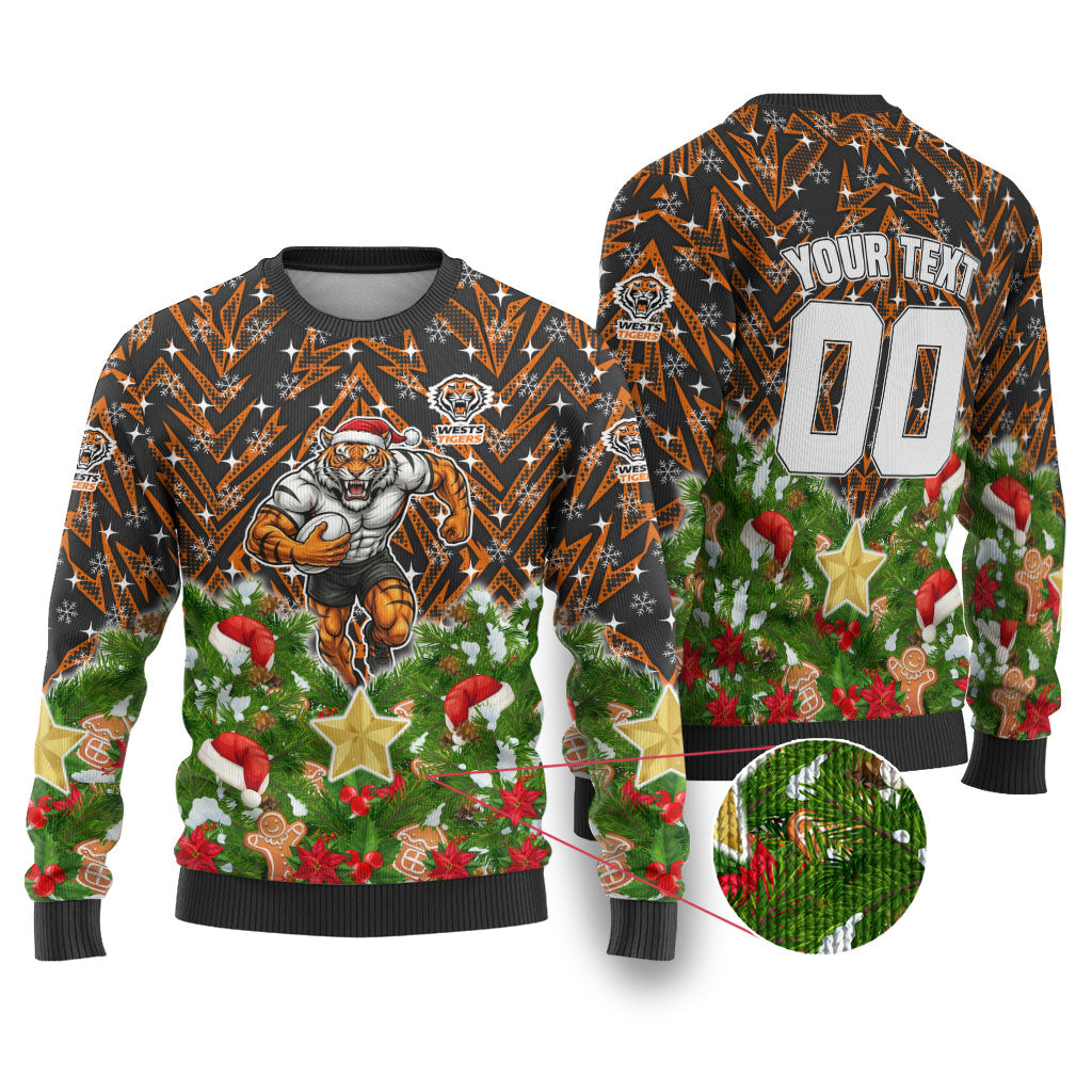 Personalised Wests Tigers Rugby Christmas Ugly Christmas Sweater Santa Rugby Mascot - Pine Wreath Festive