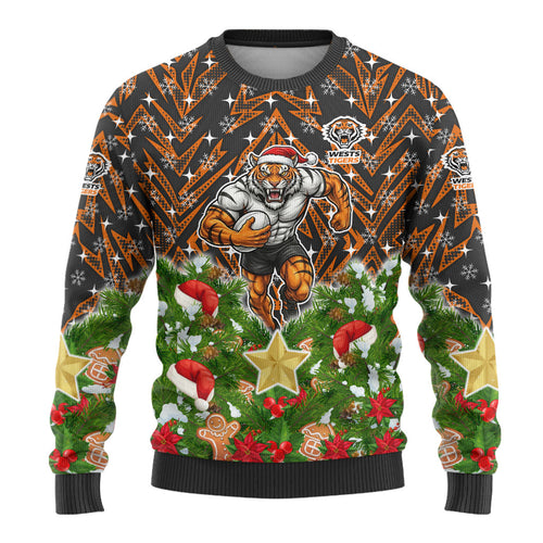 Personalised Wests Tigers Rugby Christmas Ugly Christmas Sweater Santa Rugby Mascot - Pine Wreath Festive