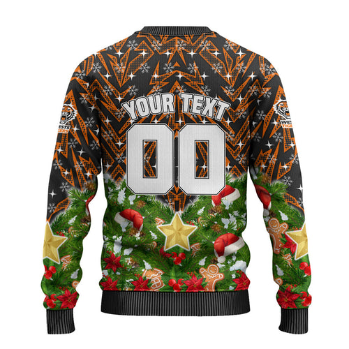 Personalised Wests Tigers Rugby Christmas Ugly Christmas Sweater Santa Rugby Mascot - Pine Wreath Festive