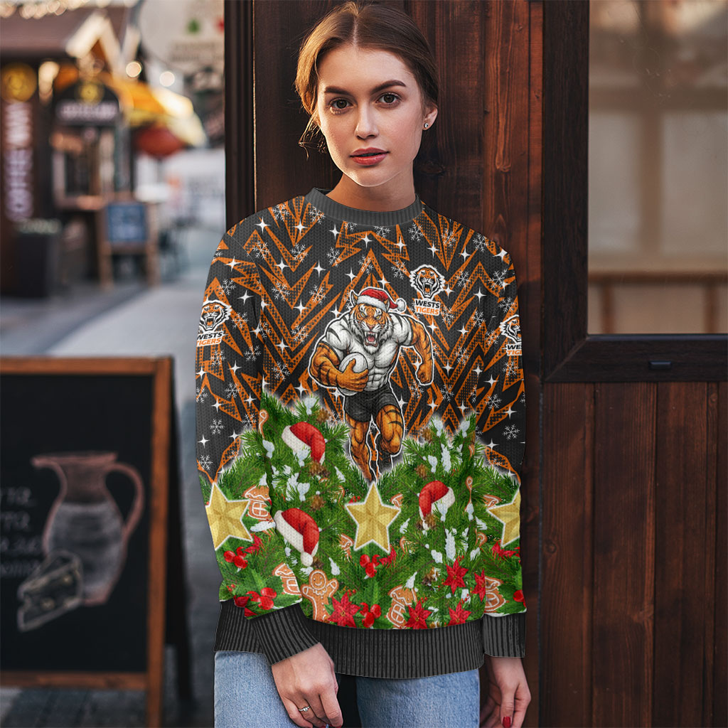 Personalised Wests Tigers Rugby Christmas Ugly Christmas Sweater Santa Rugby Mascot - Pine Wreath Festive