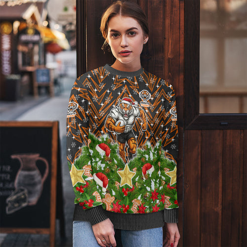 Personalised Wests Tigers Rugby Christmas Ugly Christmas Sweater Santa Rugby Mascot - Pine Wreath Festive