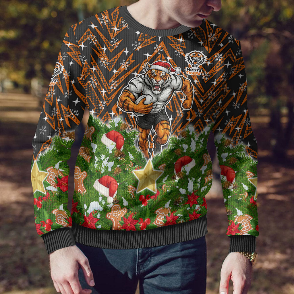 Personalised Wests Tigers Rugby Christmas Ugly Christmas Sweater Santa Rugby Mascot - Pine Wreath Festive