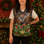 Personalised Wests Tigers Rugby Christmas Knitted V-Neck Vest Santa Rugby Mascot - Pine Wreath Festive