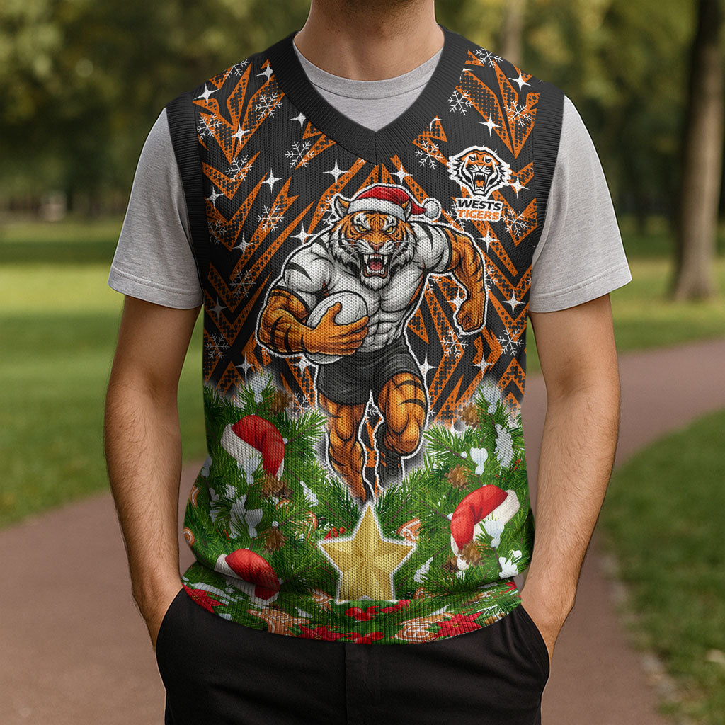 Personalised Wests Tigers Rugby Christmas Knitted V-Neck Vest Santa Rugby Mascot - Pine Wreath Festive