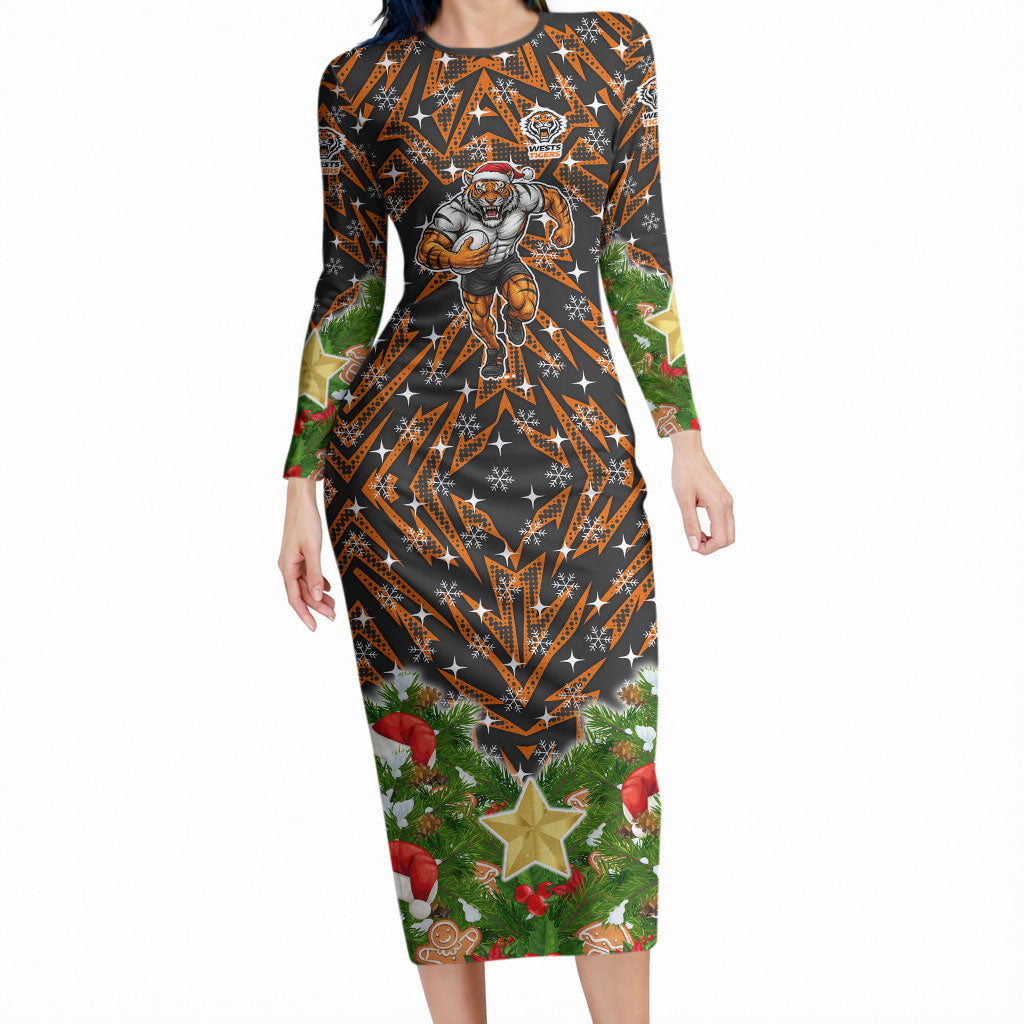 Personalised Wests Tigers Rugby Christmas Long Sleeve Bodycon Dress Santa Rugby Mascot - Pine Wreath Festive