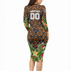 Personalised Wests Tigers Rugby Christmas Long Sleeve Bodycon Dress Santa Rugby Mascot - Pine Wreath Festive