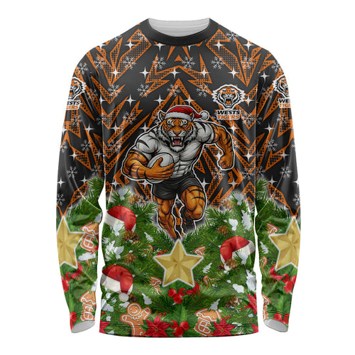 Personalised Wests Tigers Rugby Christmas Long Sleeve Shirt Santa Rugby Mascot - Pine Wreath Festive