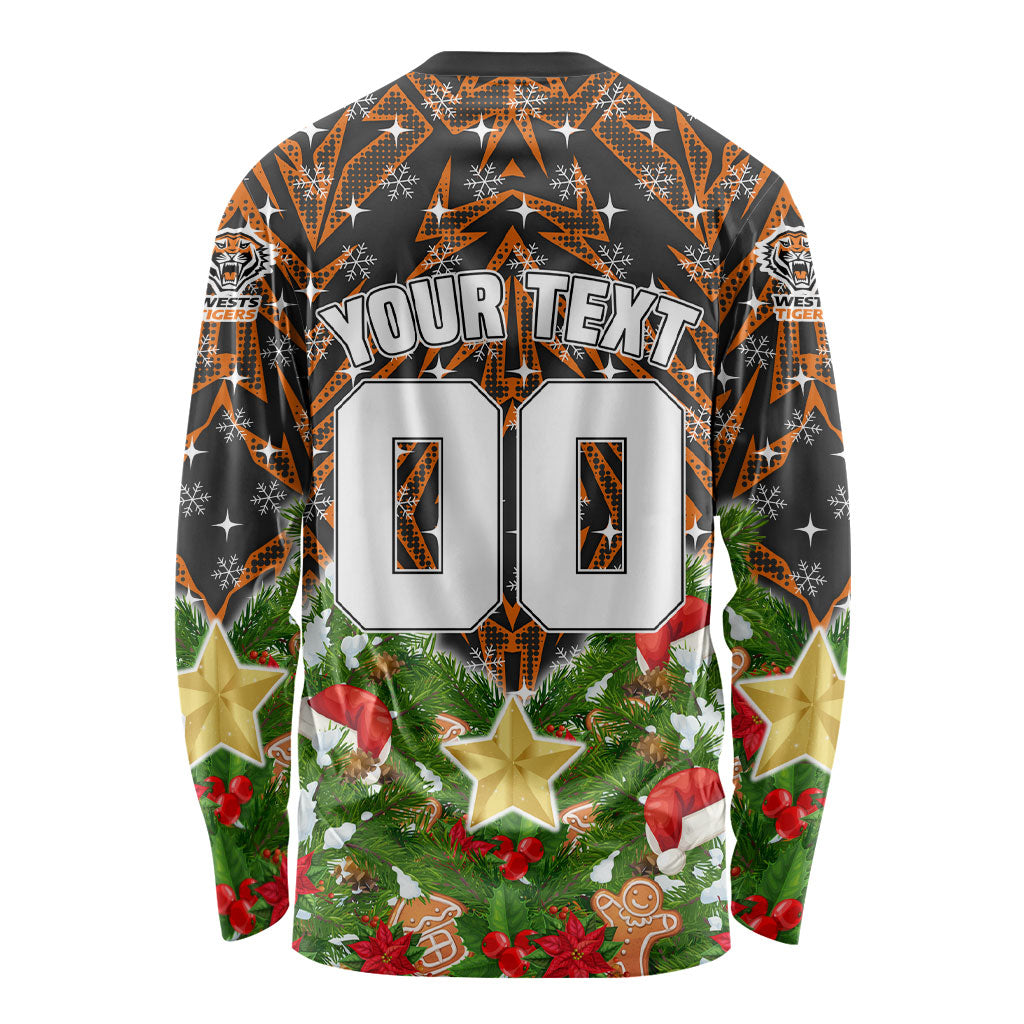 Personalised Wests Tigers Rugby Christmas Long Sleeve Shirt Santa Rugby Mascot - Pine Wreath Festive
