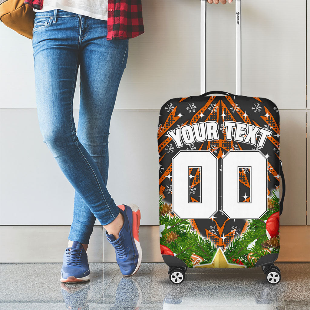 Personalised Wests Tigers Rugby Christmas Luggage Cover Santa Rugby Mascot - Pine Wreath Festive
