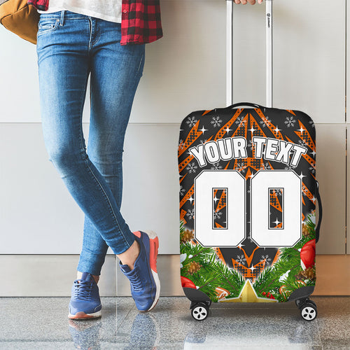 Personalised Wests Tigers Rugby Christmas Luggage Cover Santa Rugby Mascot - Pine Wreath Festive
