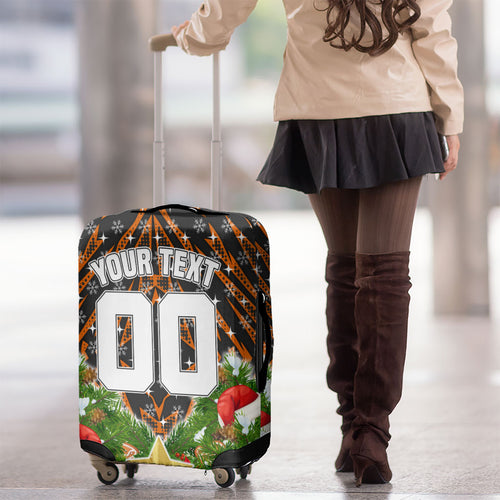 Personalised Wests Tigers Rugby Christmas Luggage Cover Santa Rugby Mascot - Pine Wreath Festive