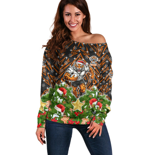 Personalised Wests Tigers Rugby Christmas Off Shoulder Sweater Santa Rugby Mascot - Pine Wreath Festive