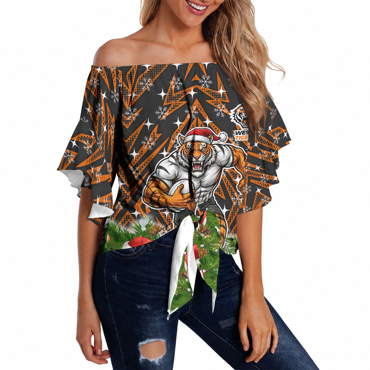 Personalised Wests Tigers Rugby Christmas Off Shoulder Wrap Waist Top Santa Rugby Mascot - Pine Wreath Festive