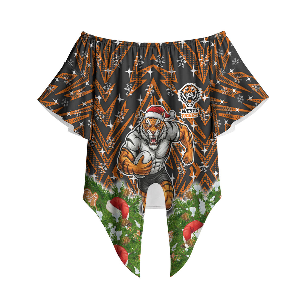Personalised Wests Tigers Rugby Christmas Off Shoulder Wrap Waist Top Santa Rugby Mascot - Pine Wreath Festive