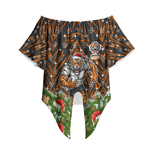 Personalised Wests Tigers Rugby Christmas Off Shoulder Wrap Waist Top Santa Rugby Mascot - Pine Wreath Festive