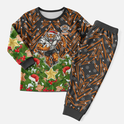 Personalised Wests Tigers Rugby Christmas Pajama Set Santa Rugby Mascot - Pine Wreath Festive