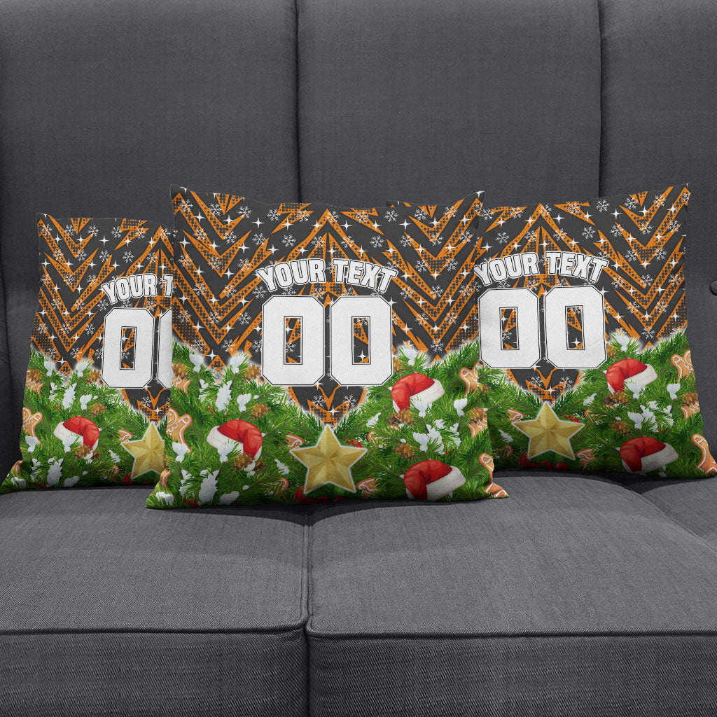 Personalised Wests Tigers Rugby Christmas Pillow Cover Santa Rugby Mascot - Pine Wreath Festive