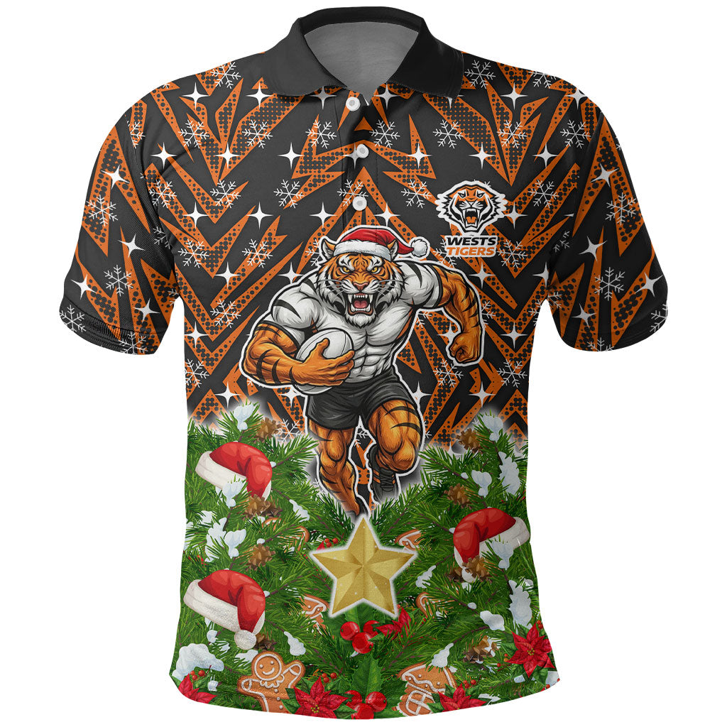 Personalised Wests Tigers Rugby Christmas Polo Shirt Santa Rugby Mascot - Pine Wreath Festive