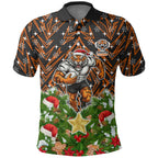 Personalised Wests Tigers Rugby Christmas Polo Shirt Santa Rugby Mascot - Pine Wreath Festive