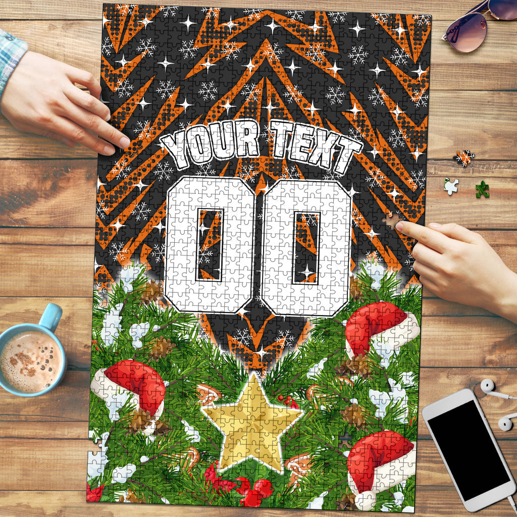 Personalised Wests Tigers Rugby Christmas Puzzle Santa Rugby Mascot - Pine Wreath Festive