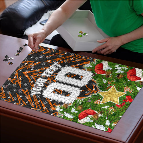 Personalised Wests Tigers Rugby Christmas Puzzle Santa Rugby Mascot - Pine Wreath Festive