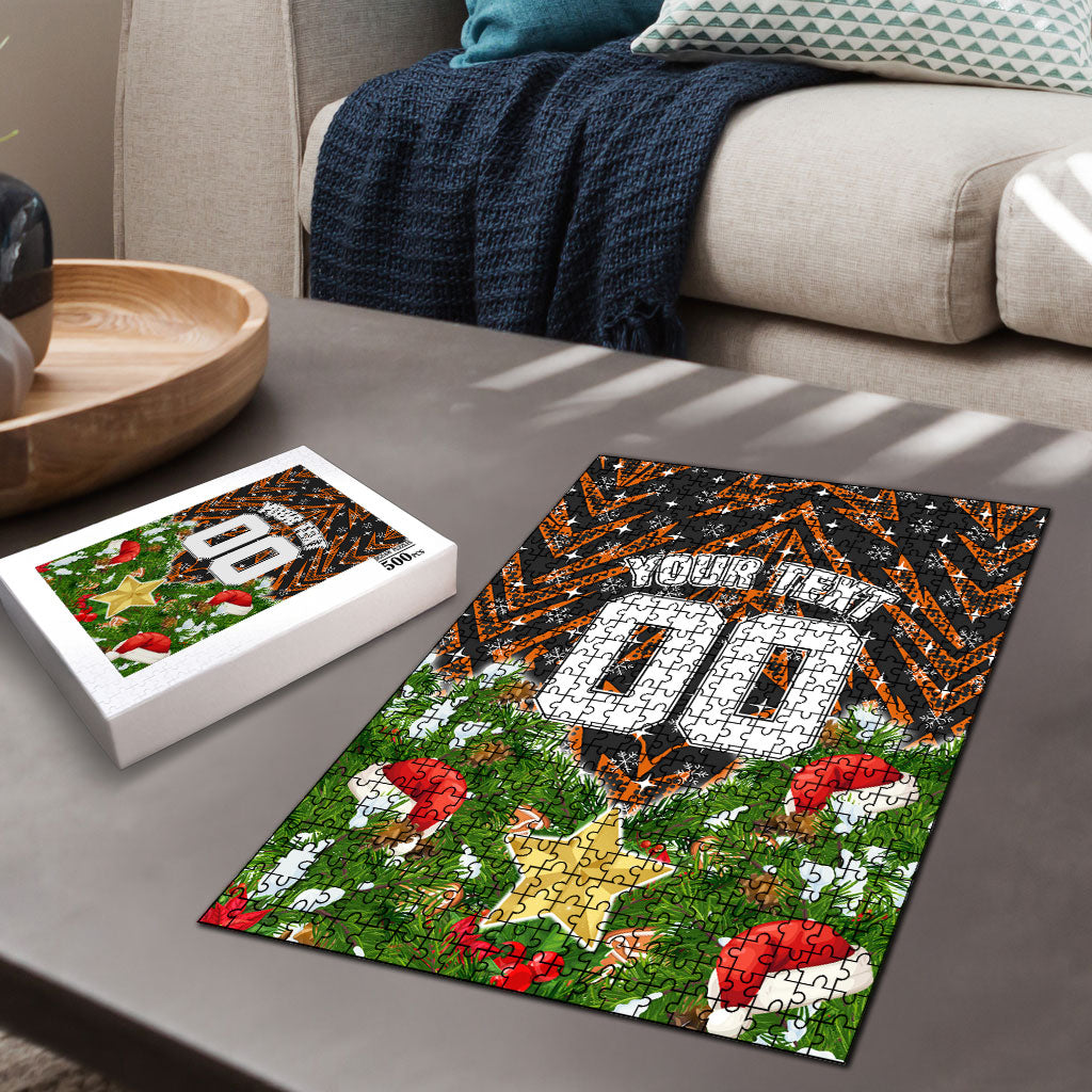 Personalised Wests Tigers Rugby Christmas Puzzle Santa Rugby Mascot - Pine Wreath Festive