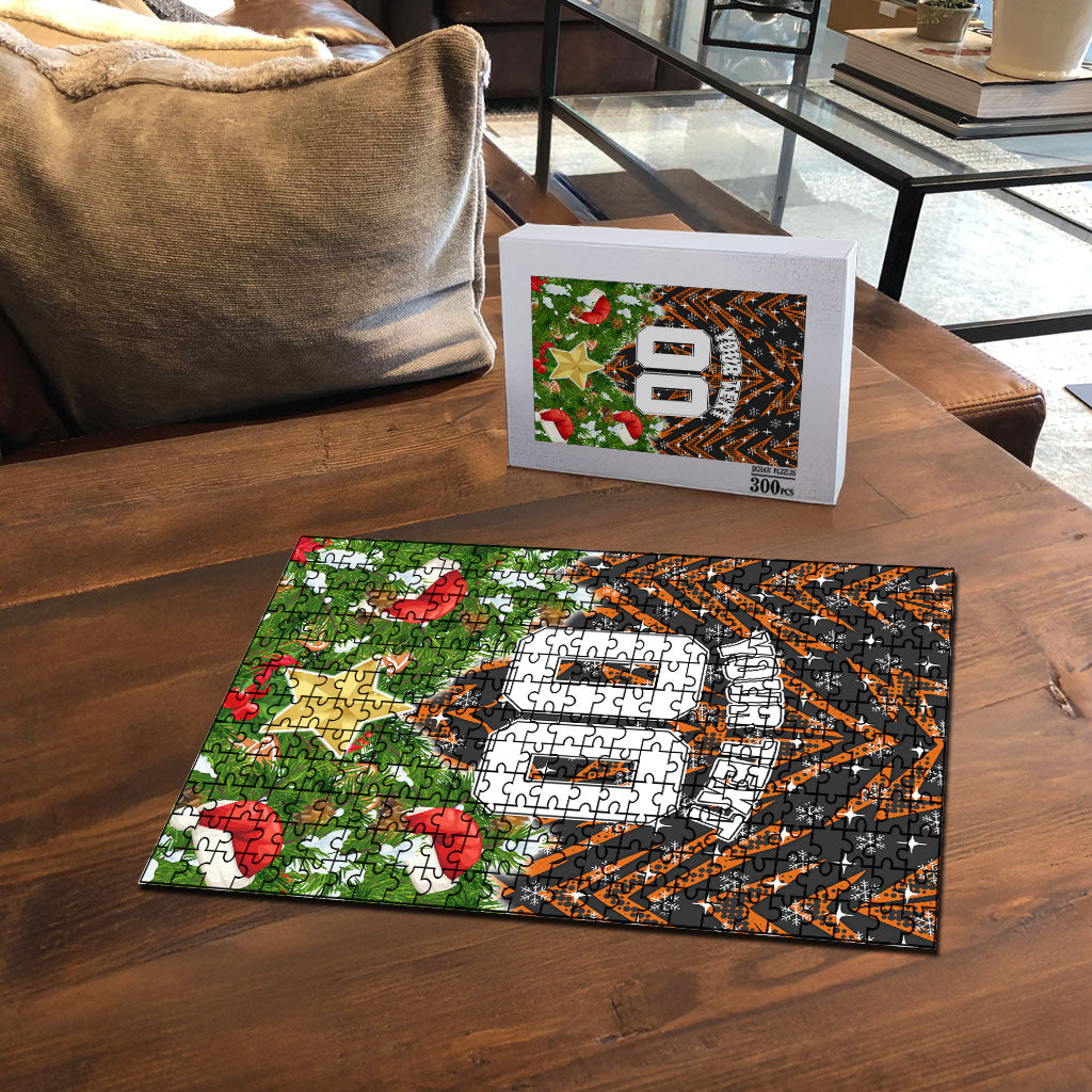 Personalised Wests Tigers Rugby Christmas Puzzle Santa Rugby Mascot - Pine Wreath Festive
