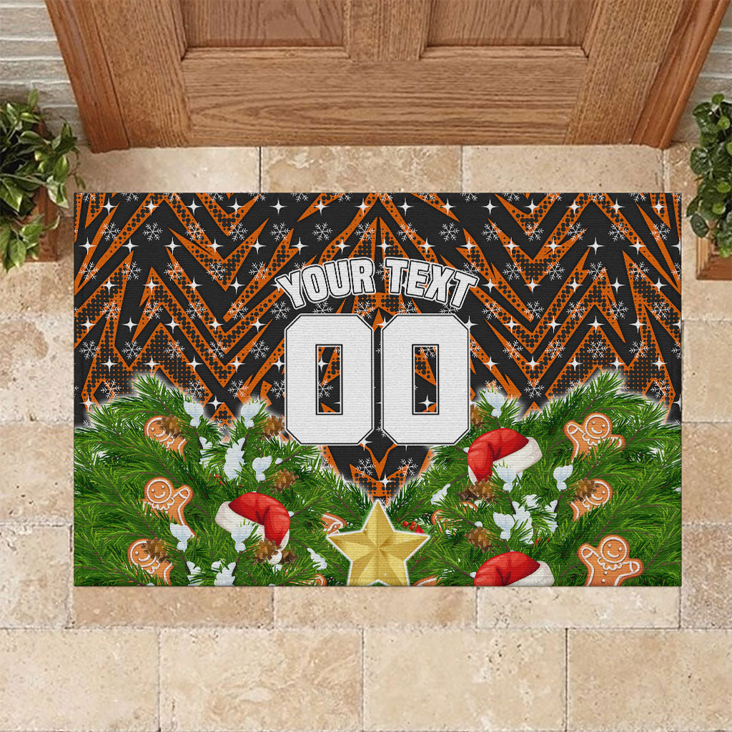 Personalised Wests Tigers Rugby Christmas Rubber Doormat Santa Rugby Mascot - Pine Wreath Festive