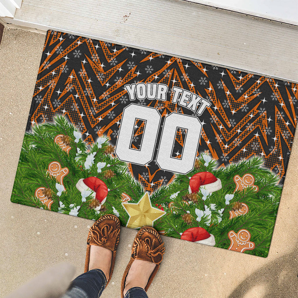 Personalised Wests Tigers Rugby Christmas Rubber Doormat Santa Rugby Mascot - Pine Wreath Festive